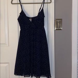 Navy dress with cream polka dots